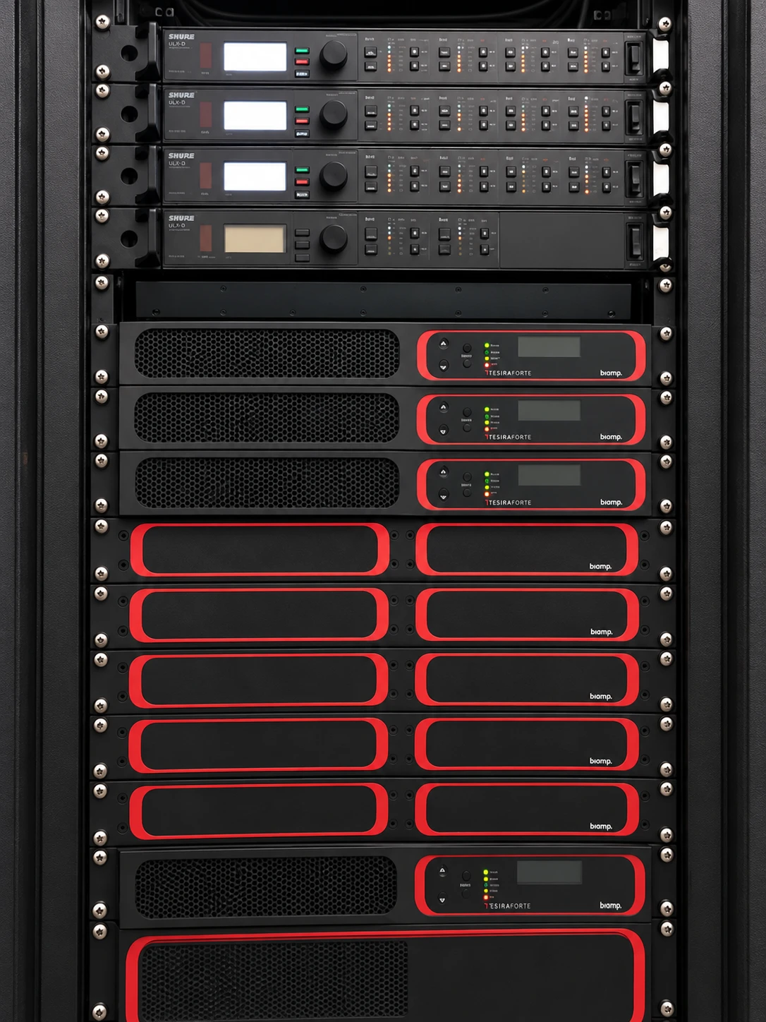 Recriação editorial por IA de rack audiovisual real com receptores de microfone e processadores de áudio.