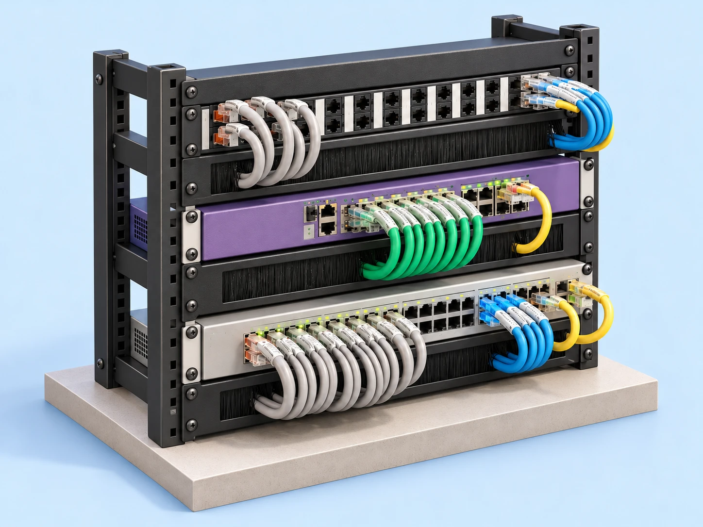 Visualização conceitual 3D de patch panels, switches e cabos organizados, baseada no acervo Os Especialistas.