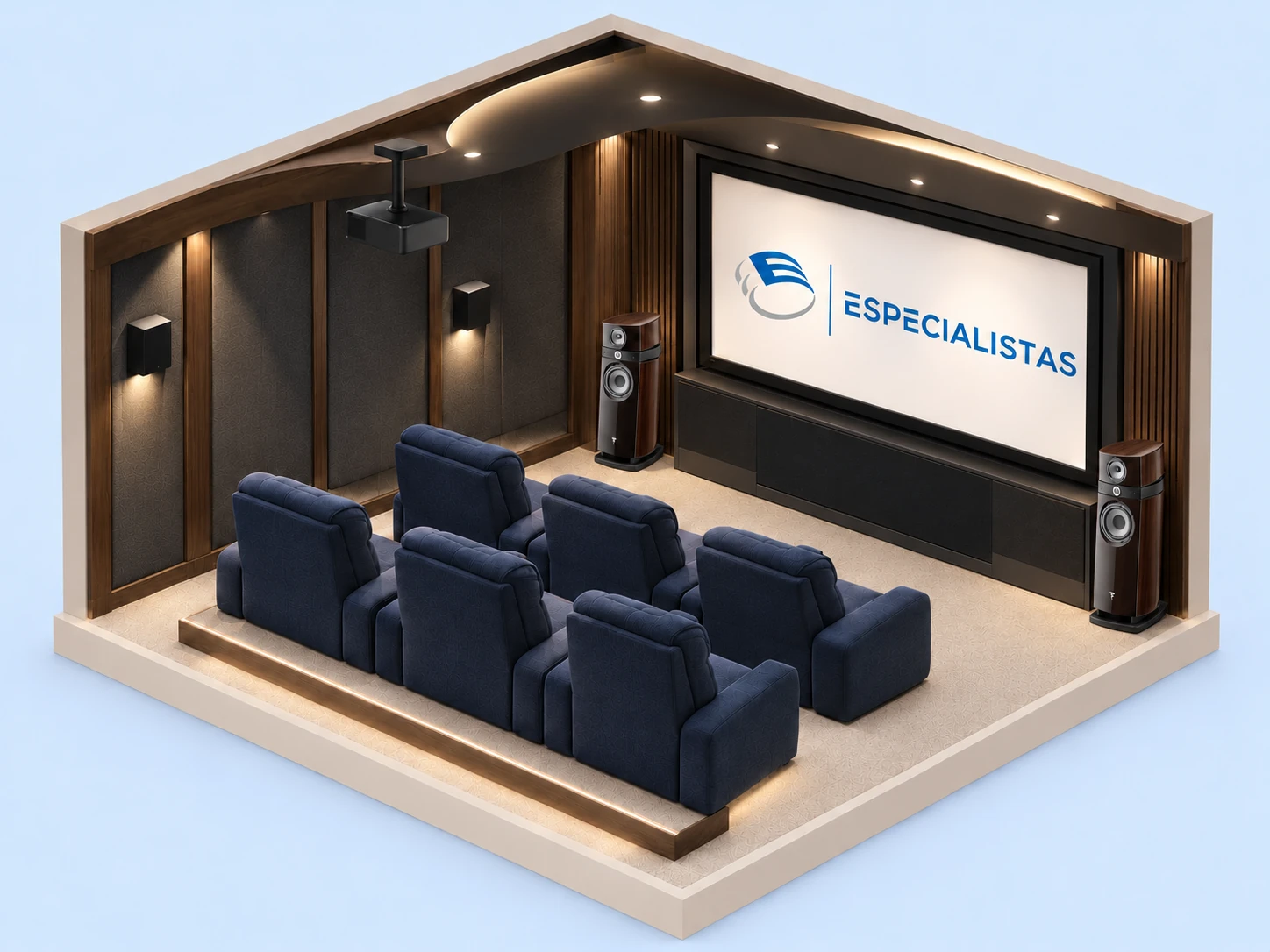 Conceito 3D isométrico de home cinema com seis poltronas, duas caixas frontais inspiradas na Focal Scala Utopia Evo e o logo dos Especialistas na tela.
