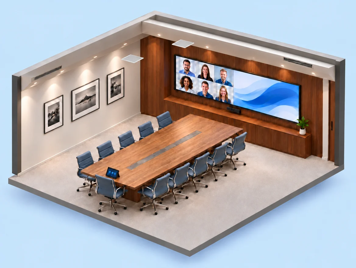 Conceito 3D de sala de reunião com painel de controle na cabeceira do chairman e dois microfones de teto, sem caixas de teto.
