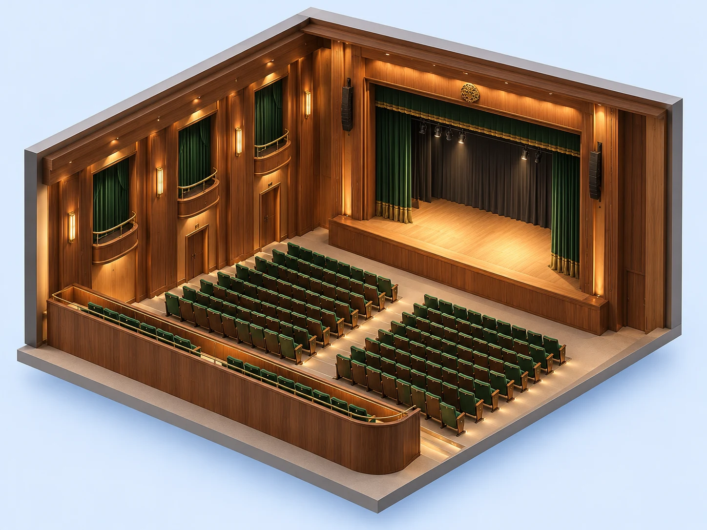 Simulação 3D isométrica inspirada no Teatro do Copacabana Palace, com palco de madeira, cortinas verdes e plateia.